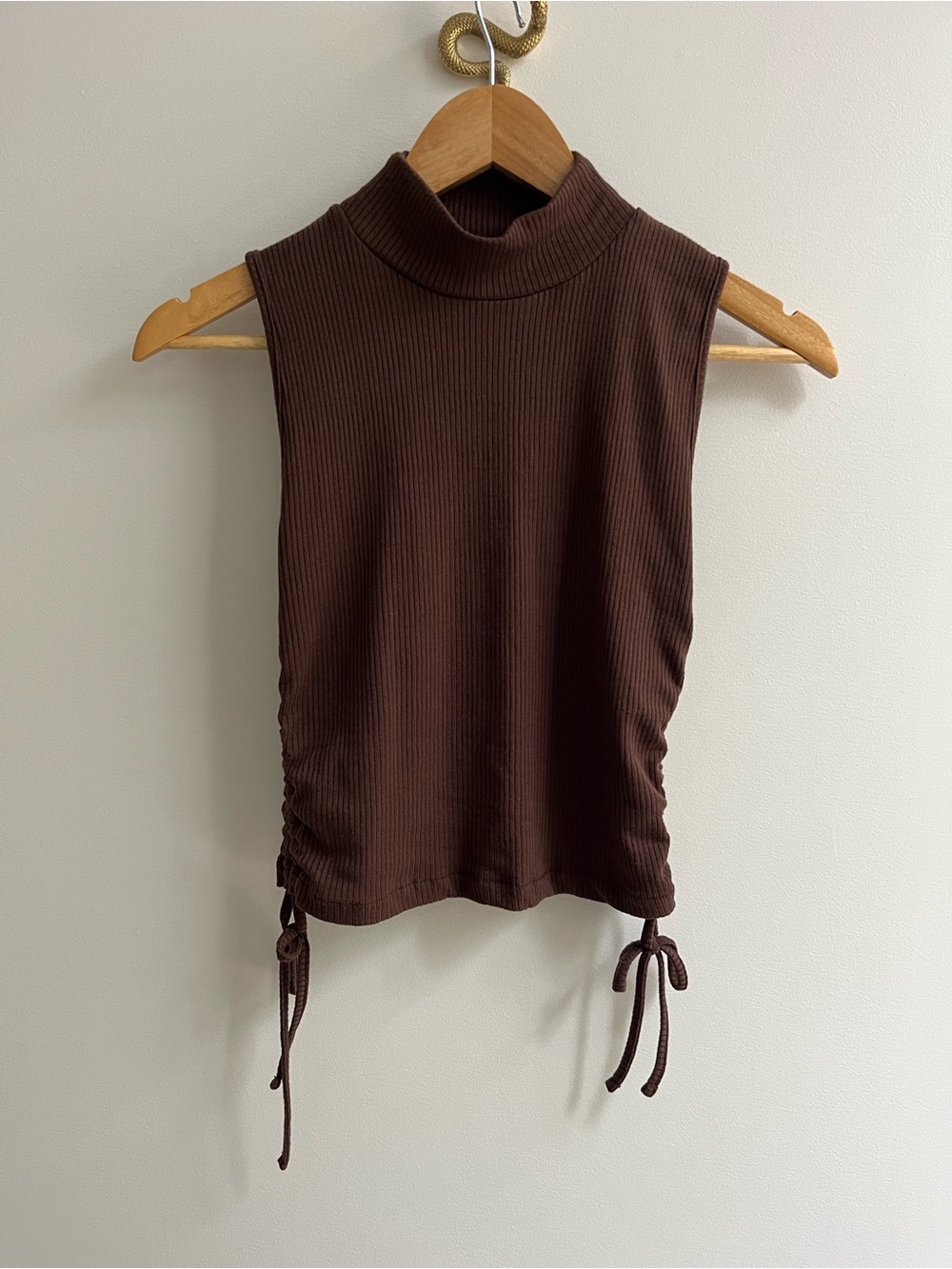 Zara Brown Ribbed Mock Neck Sleeveless Crop Top Ruched Side Tie Size Small S